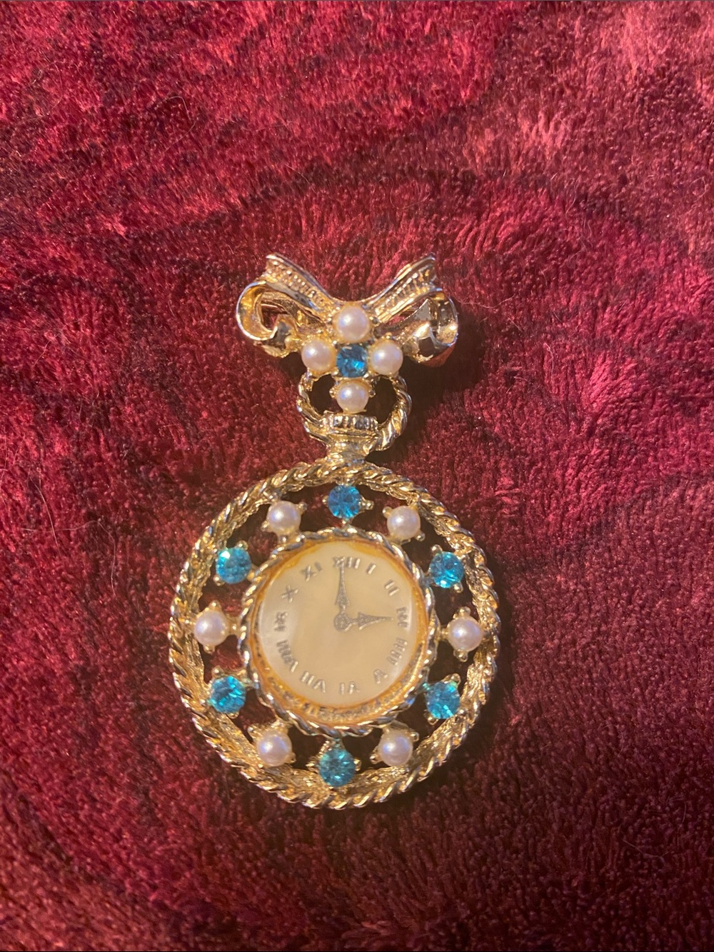 Vintage Gold-Tone Faux Pearl & Bright Blue Rhinestone Pendant Watch Brooch